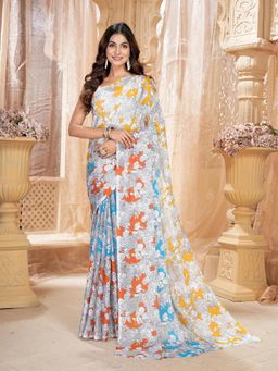 Garden VARELI - Women Multi-Color Floral Printed Chiffon Saree Without Blouse
