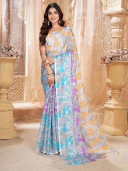 Garden VARELI - Women Multi-Color Floral Printed Chiffon Saree Without Blouse