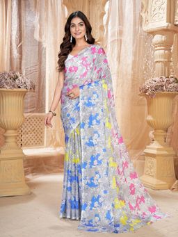 Garden VARELI - Women Multi-Color Floral Printed Chiffon Saree Without Blouse