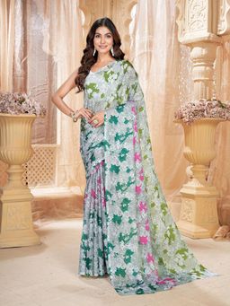 Garden VARELI - Women Multi-Color Floral Printed Chiffon Saree Without Blouse