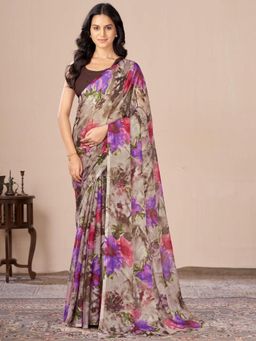 Garden VARELI - Women Brown Floral Printed Chiffon Saree Without Blouse