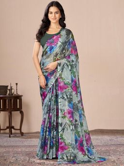 Garden VARELI - Women Grey Floral Printed Chiffon Saree Without Blouse