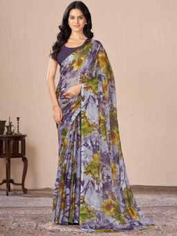 Garden VARELI - Women Lavender Floral Printed Chiffon Saree Without Blouse