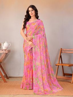 Garden VARELI - Women Pink Floral Printed Chiffon Saree Without Blouse