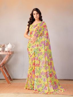 Garden VARELI - Women Yellow Floral Printed Chiffon Saree Without Blouse