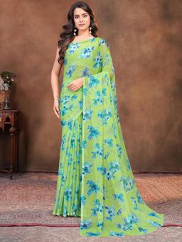 Garden VARELI - Women Green Floral Printed Chiffon Saree Without Blouse
