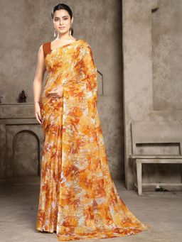 Garden VARELI - Women Orange Abstract Printed Chiffon Saree Without Blouse