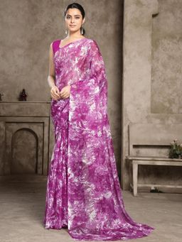 Garden VARELI - Women Magenta Abstract Printed Chiffon Saree Without Blouse