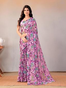 Garden VARELI - Women Purple Floral Printed Chiffon Saree Without Blouse