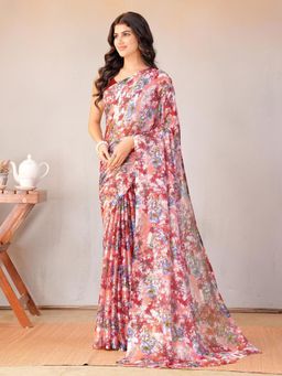 Garden VARELI - Women Red Floral Printed Chiffon Saree Without Blouse