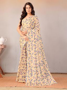 Garden VARELI - Women Beige Floral Printed Chiffon Saree Without Blouse