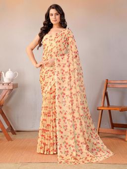 Garden VARELI - Women Beige Floral Printed Chiffon Saree Without Blouse