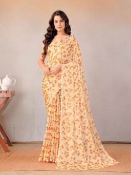 Garden VARELI - Women Beige Floral Printed Chiffon Saree Without Blouse