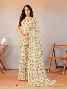Garden VARELI - Women Beige Floral Printed Chiffon Saree Without Blouse