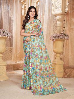 Garden VARELI - Women Green Floral Printed Chiffon Saree Without Blouse