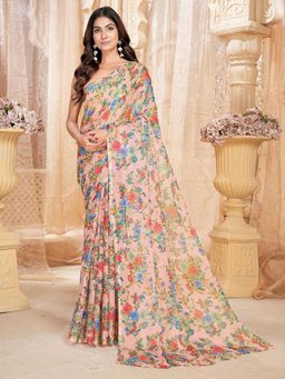 Garden VARELI - Women Peach Floral Printed Chiffon Saree Without Blouse