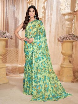 Garden VARELI - Women Green Floral Printed Chiffon Saree Without Blouse