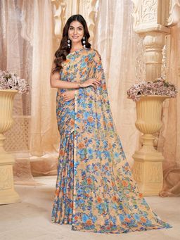 Garden VARELI - Women Beige Floral Printed Chiffon Saree Without Blouse