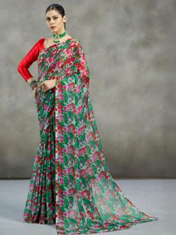 Garden VARELI - Women Green Printed Chiffon Saree Without Blouse