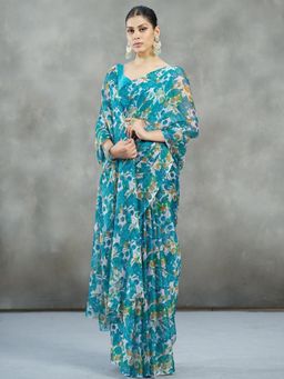 Garden VARELI - Women Teal Printed Chiffon Saree Without Blouse