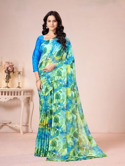 Garden VARELI - Women Blue Floral Printed Chiffon Saree Without Blouse