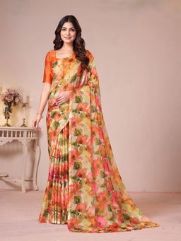 Garden VARELI - Women Orange Floral Printed Chiffon Saree Without Blouse