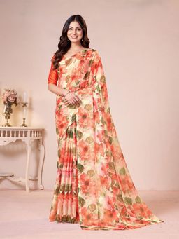 Garden VARELI - Women Peach Floral Printed Chiffon Saree Without Blouse