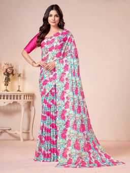 Garden VARELI - Women Blue Floral Printed Chiffon Saree Without Blouse