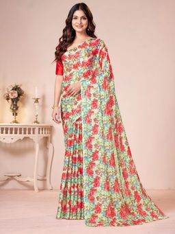 Garden VARELI - Women Green Floral Printed Chiffon Saree Without Blouse