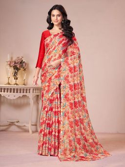 Garden VARELI - Women Peach Floral Printed Chiffon Saree Without Blouse