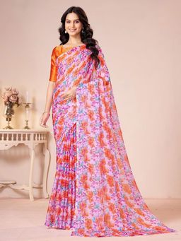 Garden VARELI - Women Purple Floral Printed Chiffon Saree Without Blouse
