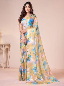 Garden VARELI - Women Blue Floral Printed Chiffon Saree Without Blouse