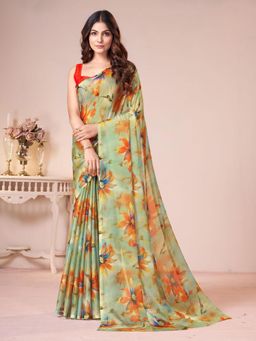 Garden VARELI - Women Orange Floral Printed Chiffon Saree With Unstitched Blouse