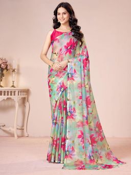 Garden VARELI - Women Pink Floral Printed Chiffon Saree Without Blouse