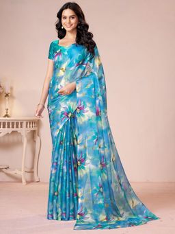 Garden VARELI - Women Teal Floral Printed Chiffon Saree Without Blouse