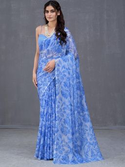 Garden VARELI - Women Blue Floral Printed Chiffon Saree With Unstitched Blouse
