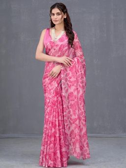 Garden VARELI - Women Pink Floral Printed Chiffon Saree With Unstitched Blouse