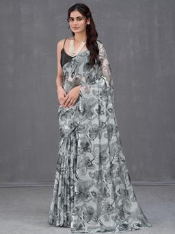 Garden VARELI - Women Grey Floral Printed Chiffon Saree Without Blouse