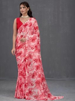 Garden VARELI - Women Red Floral Printed Chiffon Saree Without Blouse