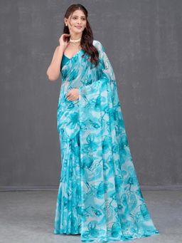 Garden VARELI - Women Teal Floral Printed Chiffon Saree Without Blouse