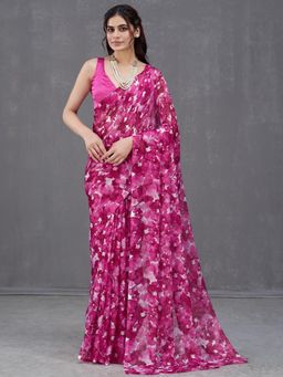 Garden VARELI - Women Magenta Floral Printed Chiffon Saree Without Blouse