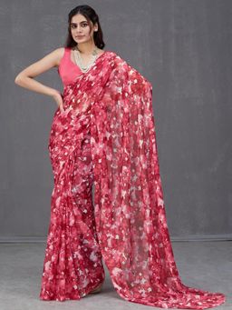 Garden VARELI - Women Red Floral Printed Chiffon Saree With Unstitched Blouse
