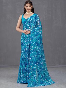 Garden VARELI - Women Teal Floral Printed Chiffon Saree Without Blouse