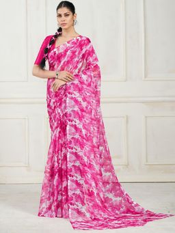 Garden VARELI - Women Pink Floral Printed Chiffon Saree With Unstitched Blouse