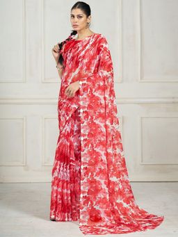 Garden VARELI - Women Red Floral Printed Chiffon Saree Without Blouse