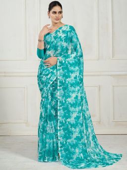 Garden VARELI - Women Teal Floral Printed Chiffon Saree Without Blouse