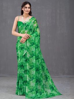 Garden VARELI - Women Green Floral Printed Chiffon Saree Without Blouse