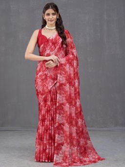 Garden VARELI - Women Red Floral Printed Chiffon Saree With Unstitched Blouse