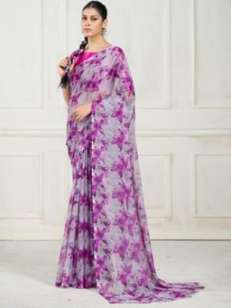 Garden VARELI - Women Magenta Floral Printed Chiffon Saree Without Blouse
