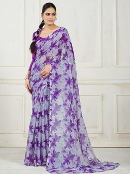 Garden VARELI - Women Purple Floral Printed Chiffon Saree Without Blouse